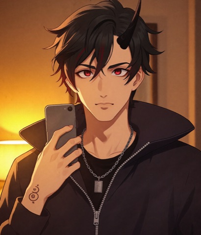 Kai, half-demon, phone in hand