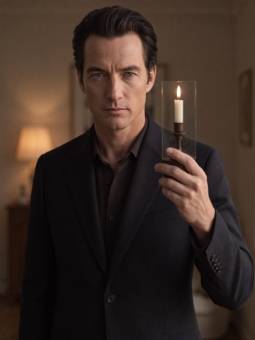 Lucien Ashcroft holding a candle